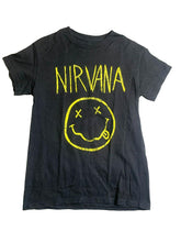 Load image into Gallery viewer, Nirvana Shirt Womens Small Black Smiley Spell Out American Rock Band Ladies