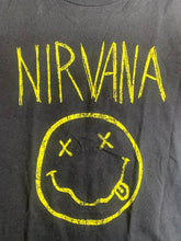 Load image into Gallery viewer, Nirvana Shirt Womens Small Black Smiley Spell Out American Rock Band Ladies