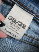 Load image into Gallery viewer, ARIAT Jeans Adult 38x32 Blue Denim Straight Leg Destroyed Thrash Rugged Mens