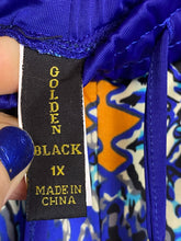 Load image into Gallery viewer, Golden Black Pants Women 1X (32x29) Blue Geometric AOP Festive Boho Spandex Plus