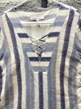 Load image into Gallery viewer, BCBGeneration Dress Womens Medium Ivory Blue Striped Lace Up Peasant Boho Tunic