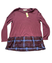 Load image into Gallery viewer, LOFT Sweater Womens Large Petite Burgundy Flounce Plaid Tunic Rayon Nylon NWT