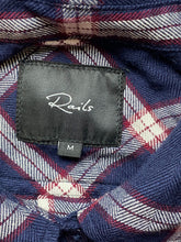 Load image into Gallery viewer, Rails Shirt Womens Medium Button Up Collared Rayon Plaid Navy Blue Blouse Ladies