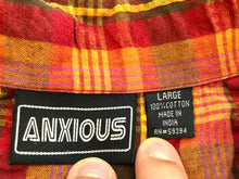 Load image into Gallery viewer, Anxious Shirt Adult Large Red Orange Yellow Plaid Button Up Colorful Camp Mens