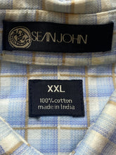 Load image into Gallery viewer, Sean John Shirt Adult 2XL XXL Blue Taupe Plaid Button Up Embroidered Casual Mens