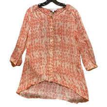 Load image into Gallery viewer, Cabi Blouse Womens Large Button Down Silk Tunic High Low Hem Geometric Sheer