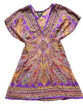 Load image into Gallery viewer, Angie Dress Womens Large Purple Rainbow Empire Waist AOP Paisley Boho Dashiki