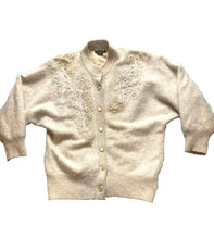 Load image into Gallery viewer, Angora Sweater Womens Small Beige Button Up Cardigan Embroidery Pearl Beaded