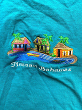 Load image into Gallery viewer, VTG Nassau Bahamas Shirt Womens Large Teal Green Embroidered Beach Tiki Huts 90s