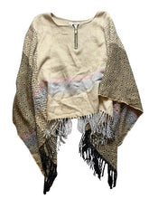 Load image into Gallery viewer, BCBGeneration Poncho Womens OSFM Tan Fringe Argyle Diamond Shawl 1/4 Zip Ladies