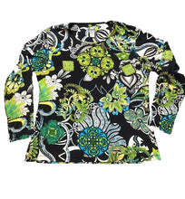 Load image into Gallery viewer, Chicos Shirt Womens 3 Black Green AOP Geometric Flower Whimsigoth Rayon Blouse