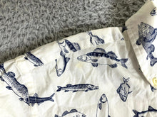 Load image into Gallery viewer, Fish AOP Shirt Adult Small White Merona Novelty Fishing Button Up Casual Mens