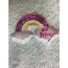 Load image into Gallery viewer, Betsey Johnson Hoodie Womens Medium Mint Green Comfy Fuzzy Rainbow Sequins