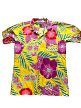 Load image into Gallery viewer, Beach Scene Medium Yellow Purple AOP Floral Button Up Hawaiian Aloha Camp Mens