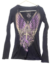 Load image into Gallery viewer, Archaic by Affliction Shirt Womens Small Wings Cross Rose Whimsigoth Grunge Goth