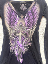 Load image into Gallery viewer, Archaic by Affliction Shirt Womens Small Wings Cross Rose Whimsigoth Grunge Goth