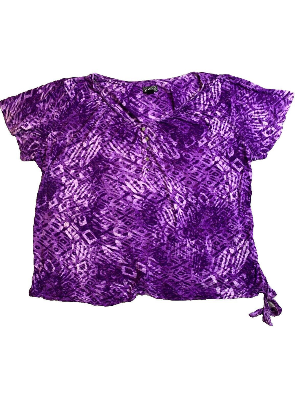 Erika Shirt Womens 2X Purple Geometric Vneck Tie Blouse Casual Comfort Plus Lady