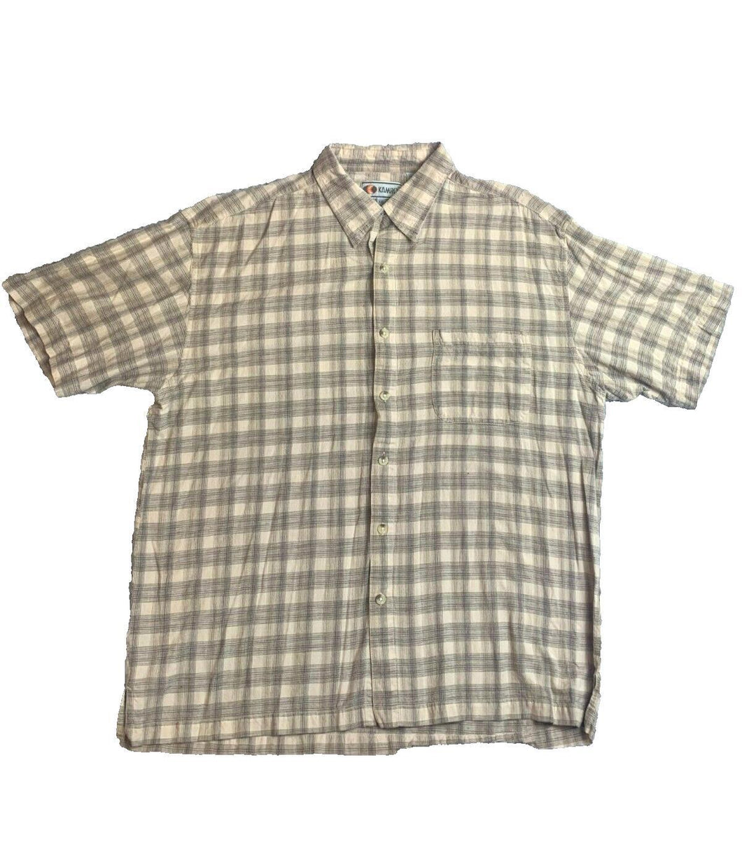 Kamro USA Shirt Adult 2XL XXL Tan Plaid Button Up Pocket Casual Outdoor Mens