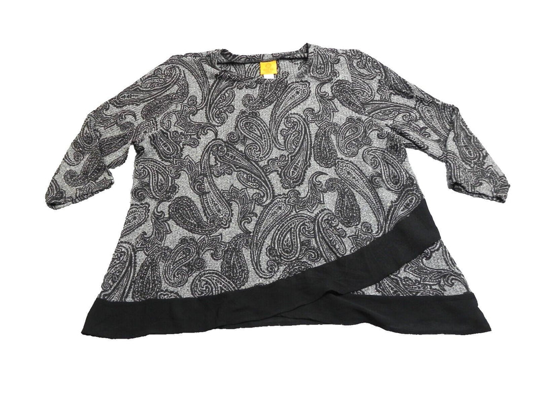 Ruby Rd Shirt Womens 1X Gray Black AOP Paisley Boho Spandex Tunic Blouse Plus