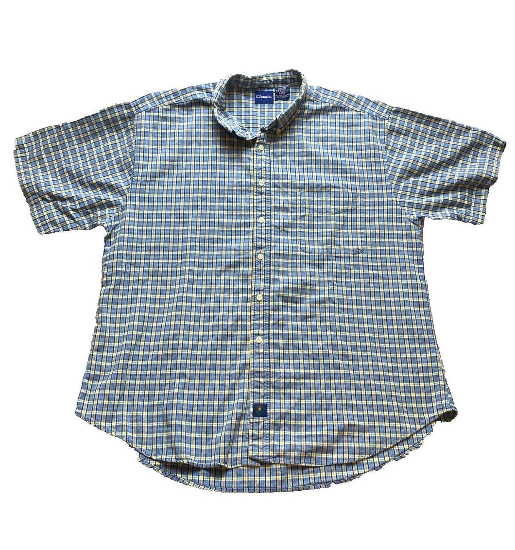 Catalina Shirt Adult 2XL XXL Yellow Blue Plaid Button Up Pocket Casual Mens