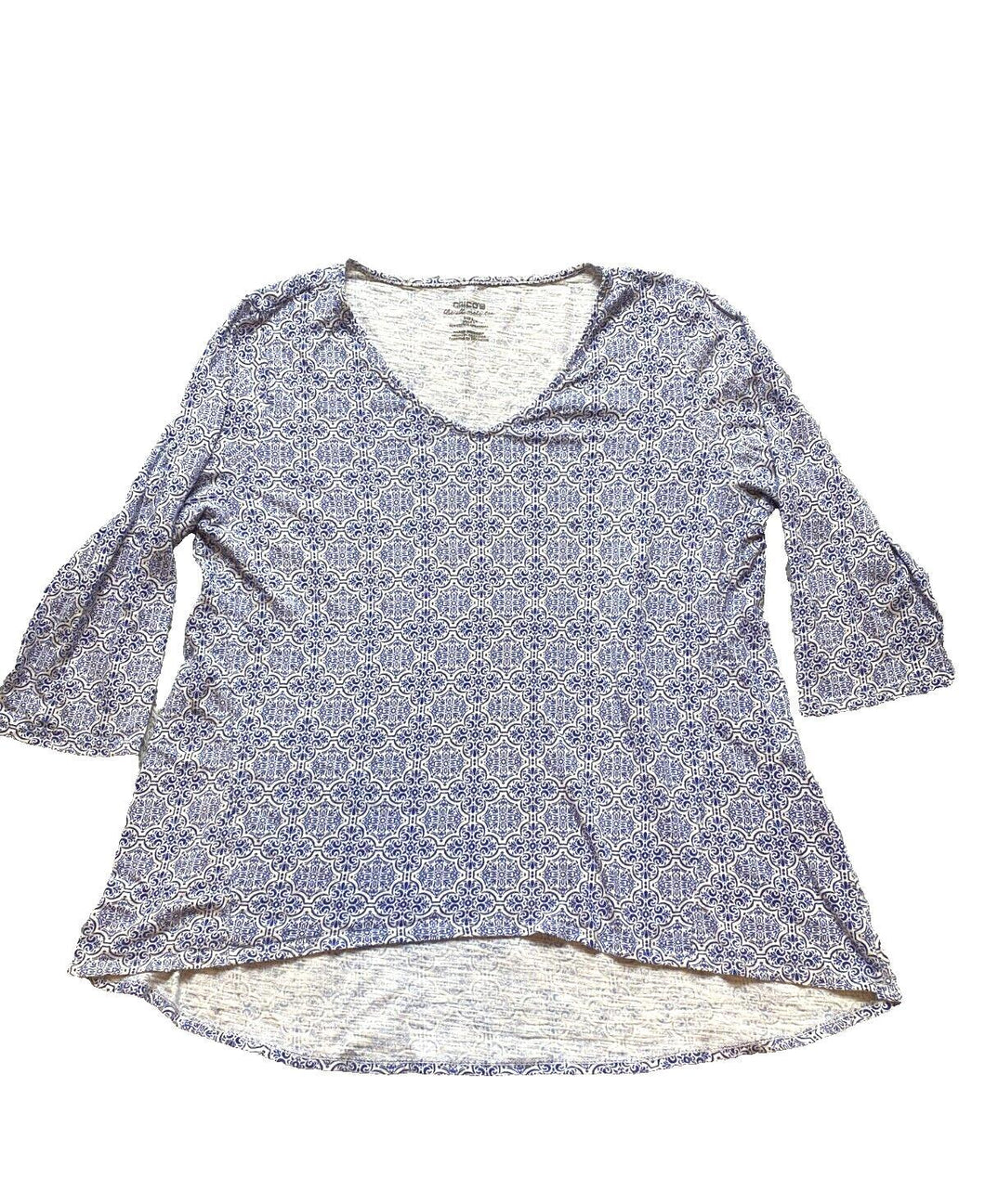 Chicos Shirt Womens 2 Blue Geometric Oversized Lagenlook Boho Flowy Blouse Tunic
