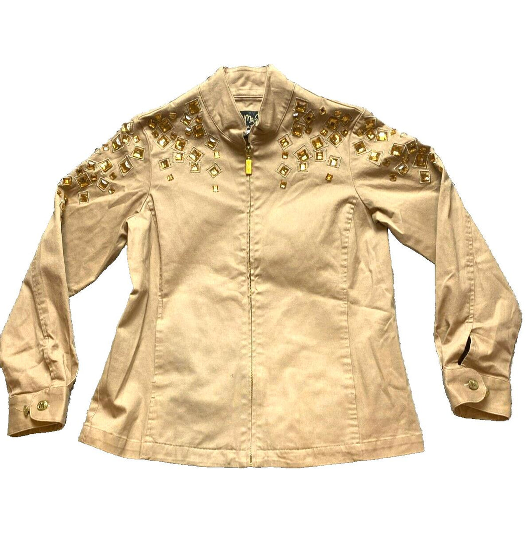 Bob Mackie Jacket Womens Extra Small Taupe Wearable Art Zip Up Embellished Gems