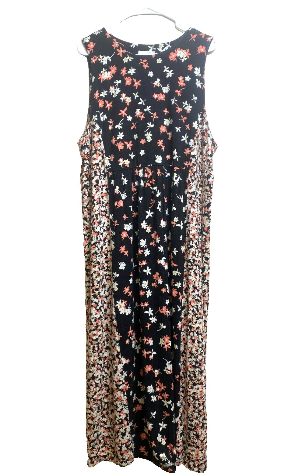 J Jill Dress Womens Extra Large Black Peach AOP Ditsy Flower Boho Maxi Rayon