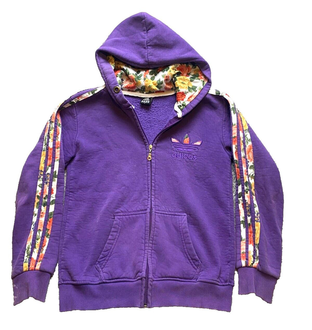 Adidas Jacket Womens Large Purple Trefoil Three Stripes Flower Hoodie Full Zip