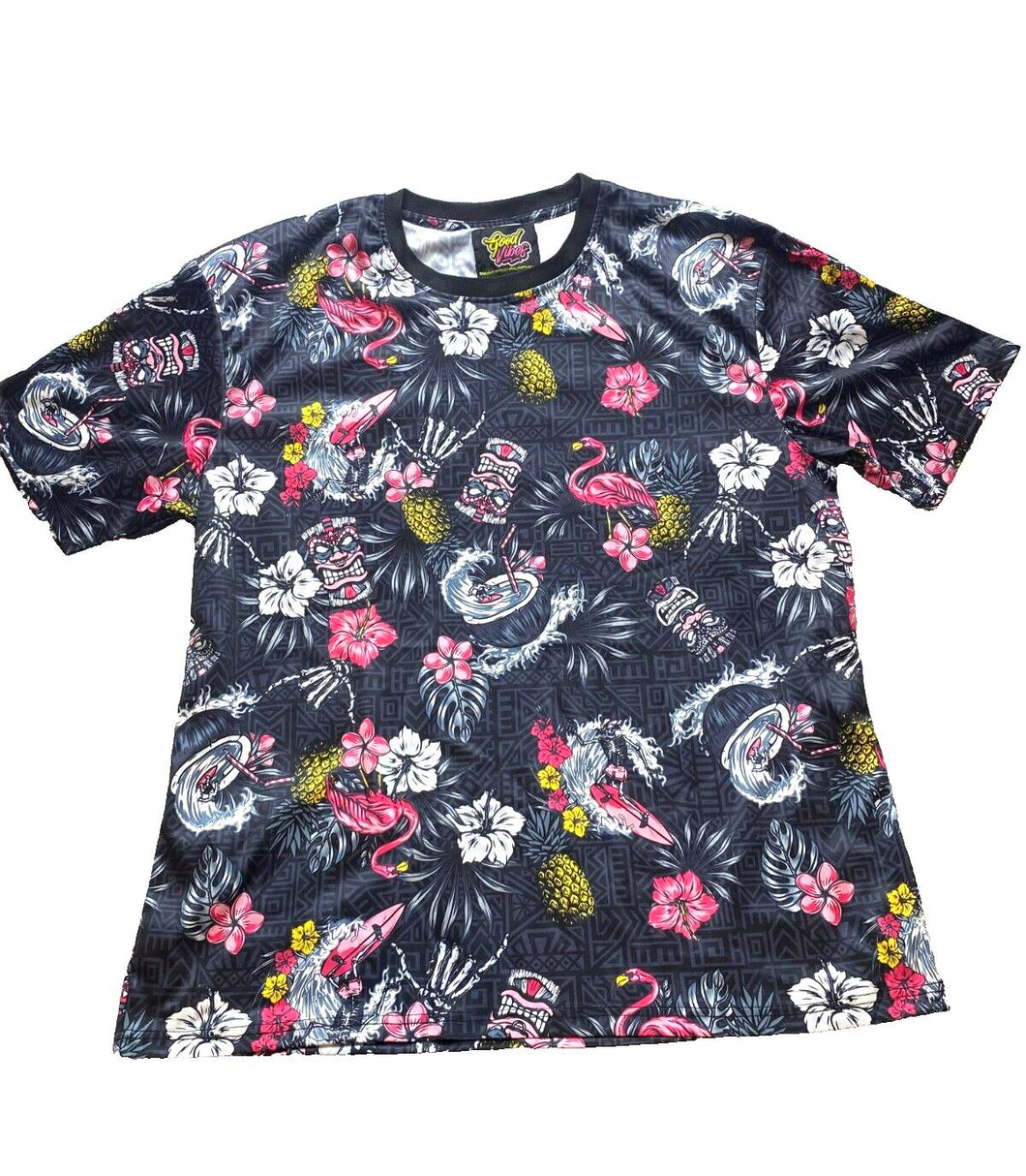Good Vibes Shirt Adult 3XL Tiki Flamingo Beach Hawaiian AOP Skeleton Surf Mens