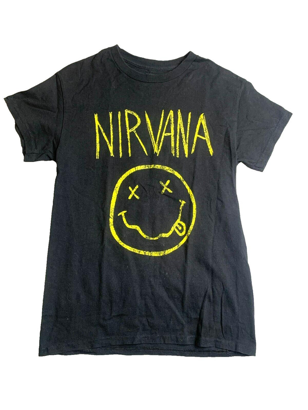 Nirvana Shirt Womens Small Black Smiley Spell Out American Rock Band Ladies
