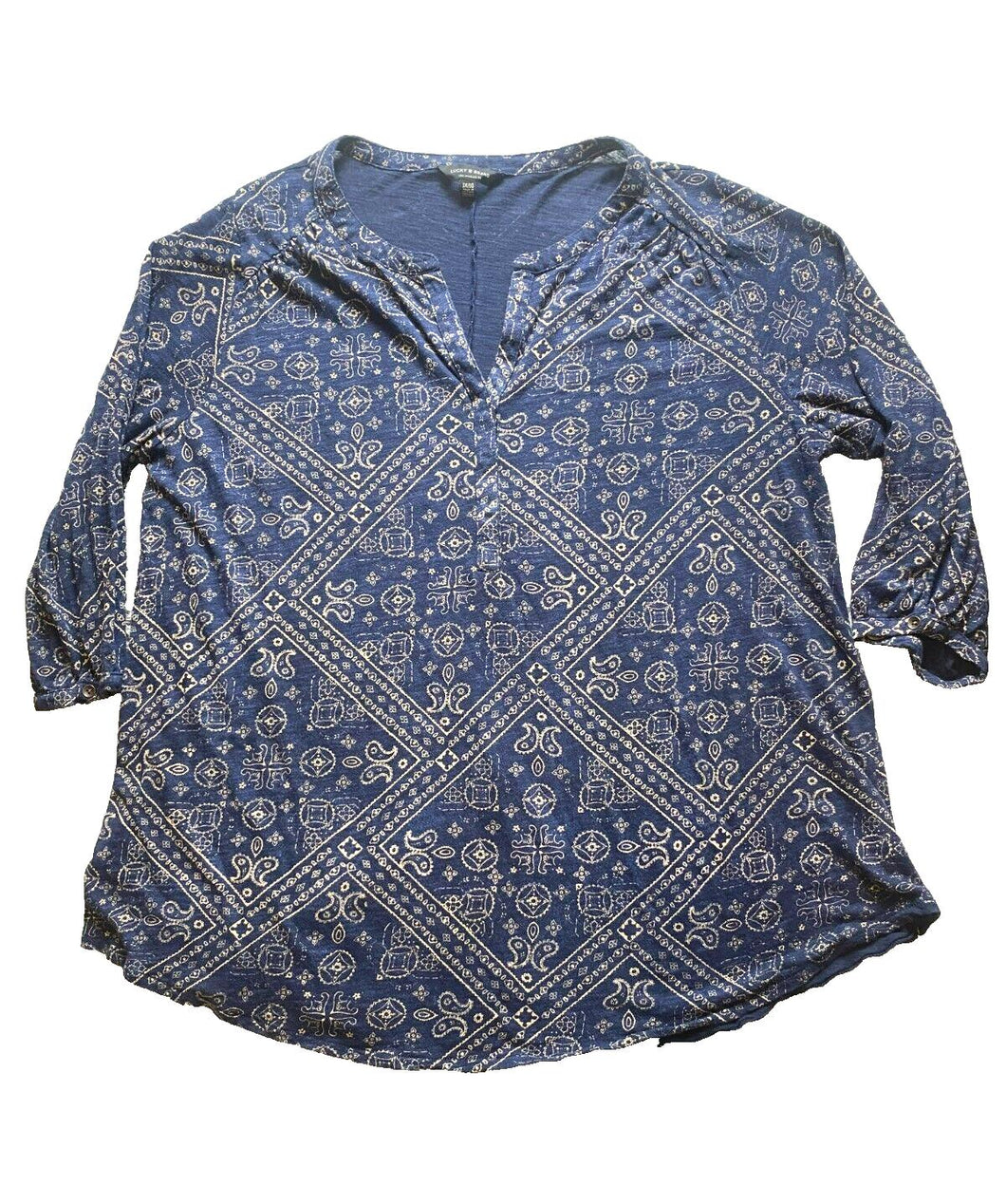 Lucky Brand Shirt Womens 1X Tunic Navy Blue Flowy AOP Paisley Casual Blouse Lady