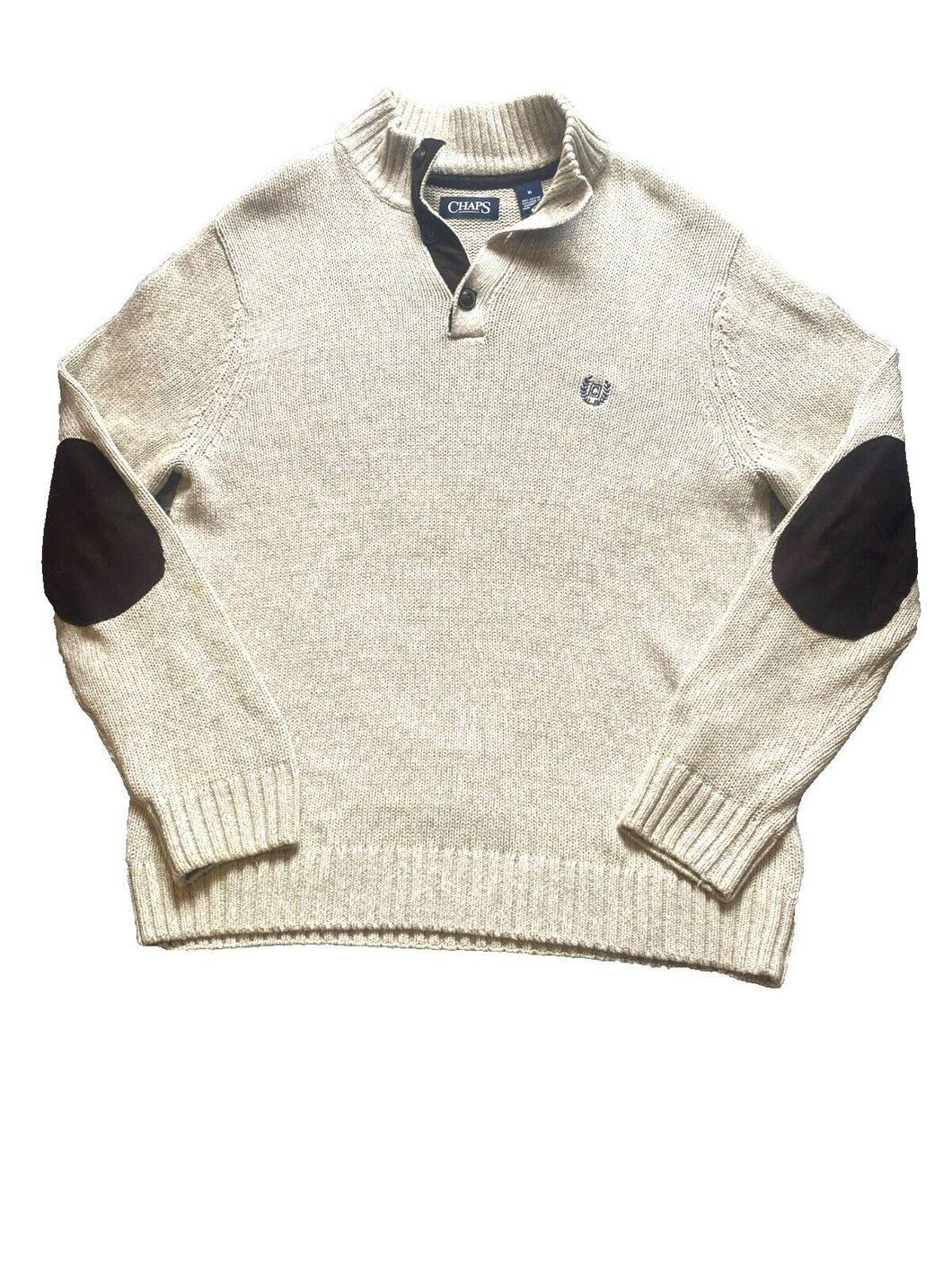 Chaps Sweater Adult Medium Button Mock Neck Elbow Pad Cable Knit Outerwear Mens