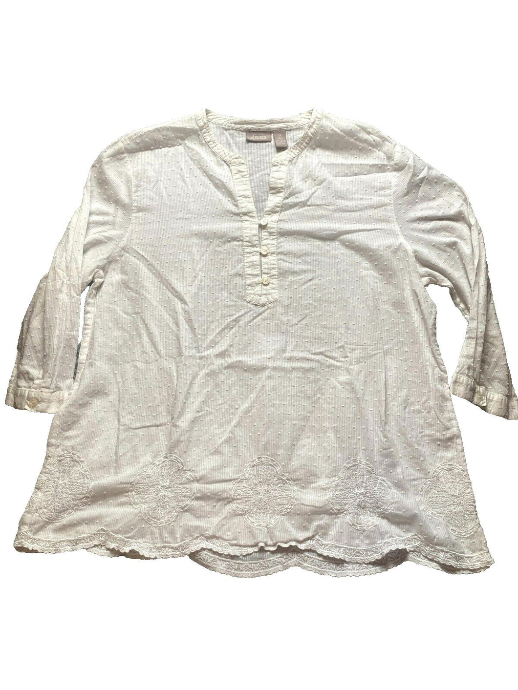 Chicos Shirt Womens 3 2XL XXL Swiss Dot Flowy Blouse Scalloped Lace Trim Ladies