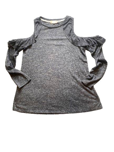 Anthropologie Altar’d State Shirt Womens Medium Gray Black Ruffle Cold Shoulder