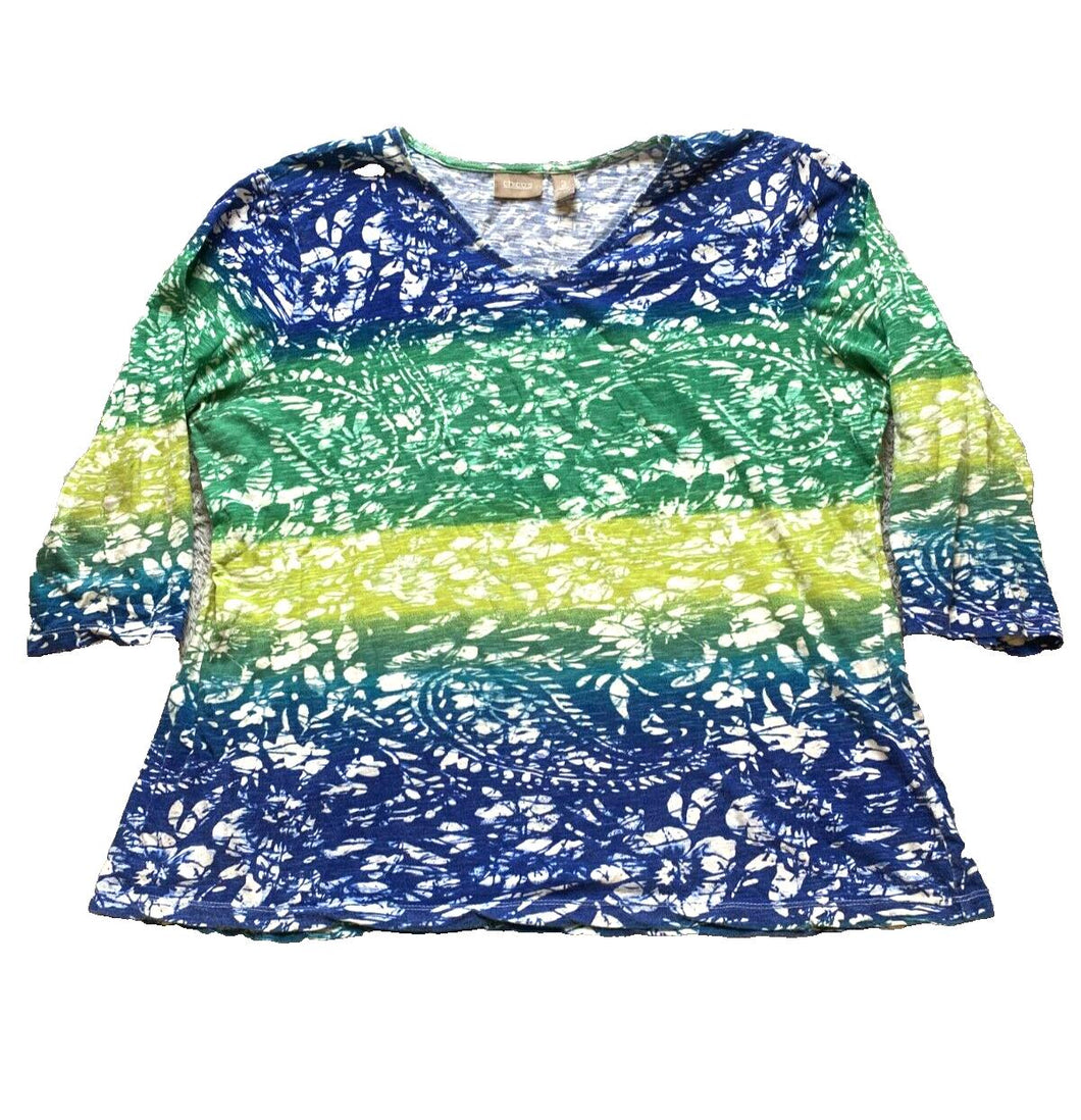 Chicos Shirt Womens 3 Blue Green Yellow Boxy Blouse AOP Paisley Flower Indie
