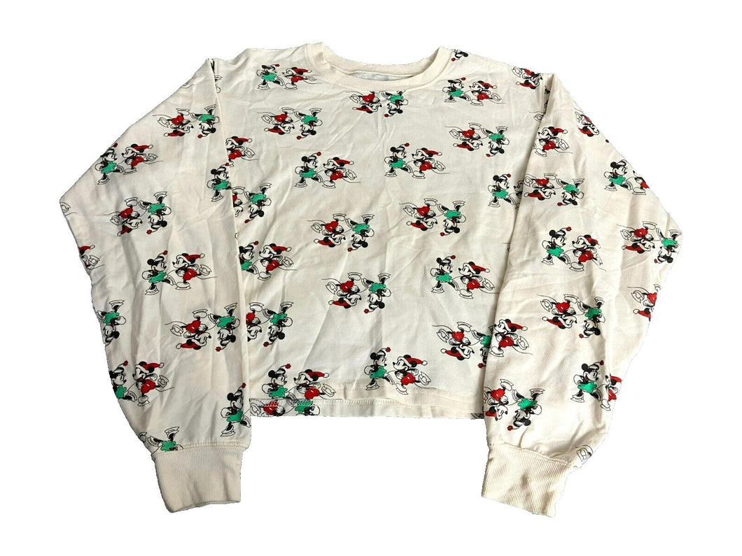 Mickey & Minnie Mouse Sweater Womens Extra Large White AOP Skating Disney Ladies