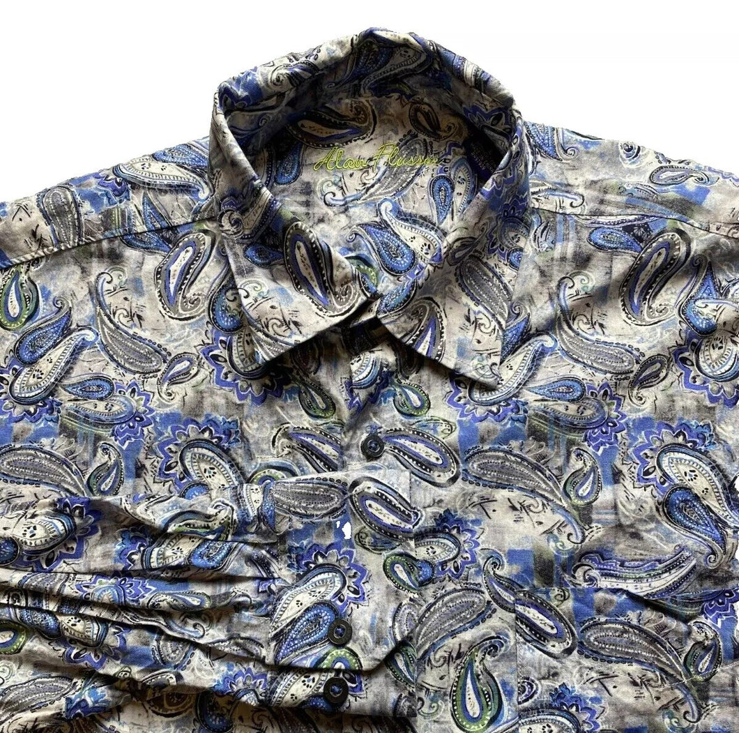 Alan Flusser Shirt Adult Large Blue Button Up Allover Print Paisley Casual Mens