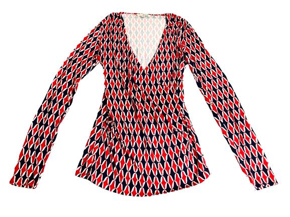 Boden Shirt Women 6 Red Navy Geometric Elodie Jersey Wrap Blouse Stretch Viscose