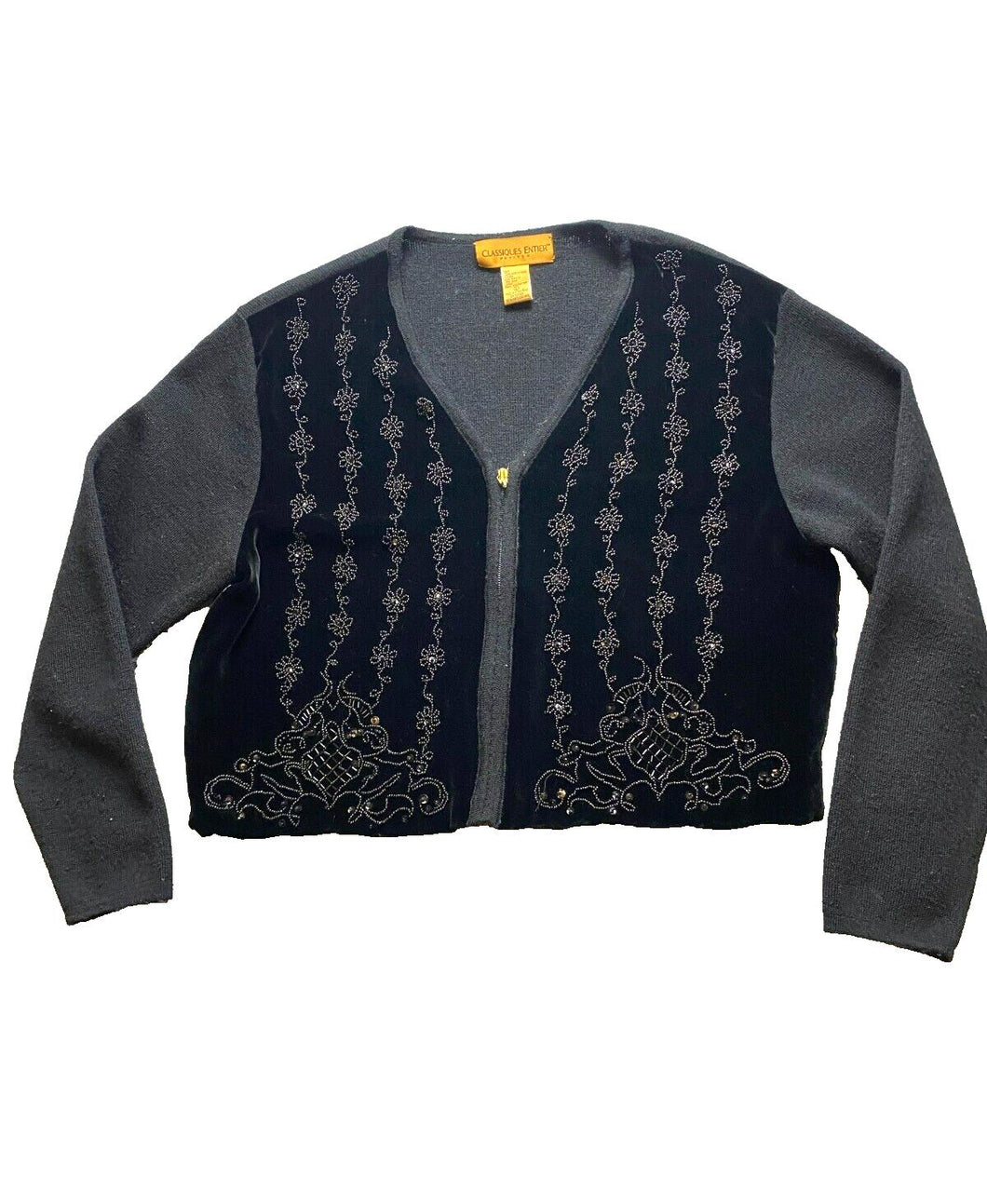 Classiques Entier Sweater Womens Large Black Wool Rayon Silk Beaded Zip Petites