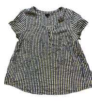 Load image into Gallery viewer, Torrid Shirt Womens 2 Denim Gold Lurex Striped Button Flowy Blouse Rayon Ladies
