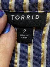 Load image into Gallery viewer, Torrid Shirt Womens 2 Denim Gold Lurex Striped Button Flowy Blouse Rayon Ladies
