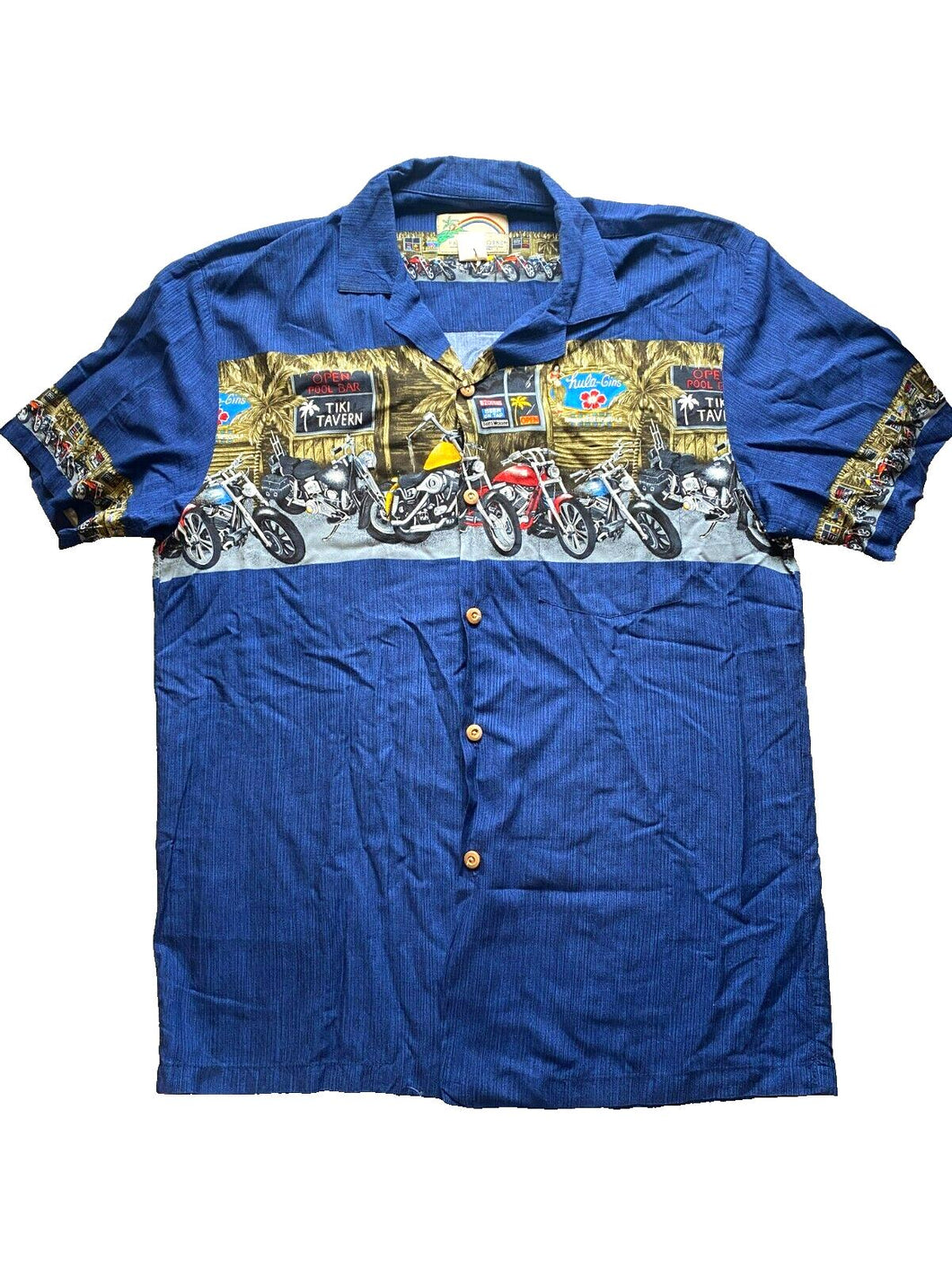 VTG Paradise Found Shirt Adult Medium Blue Hawaiian Tiki Tavern Motorcycle Mens