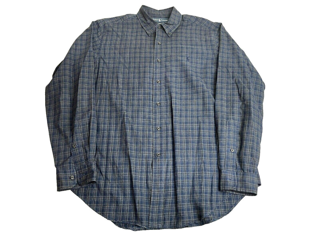 Ralph Lauren Shirt Adult Large Navy Tan Button Up Classic Fit Outdoor Plaid Mens