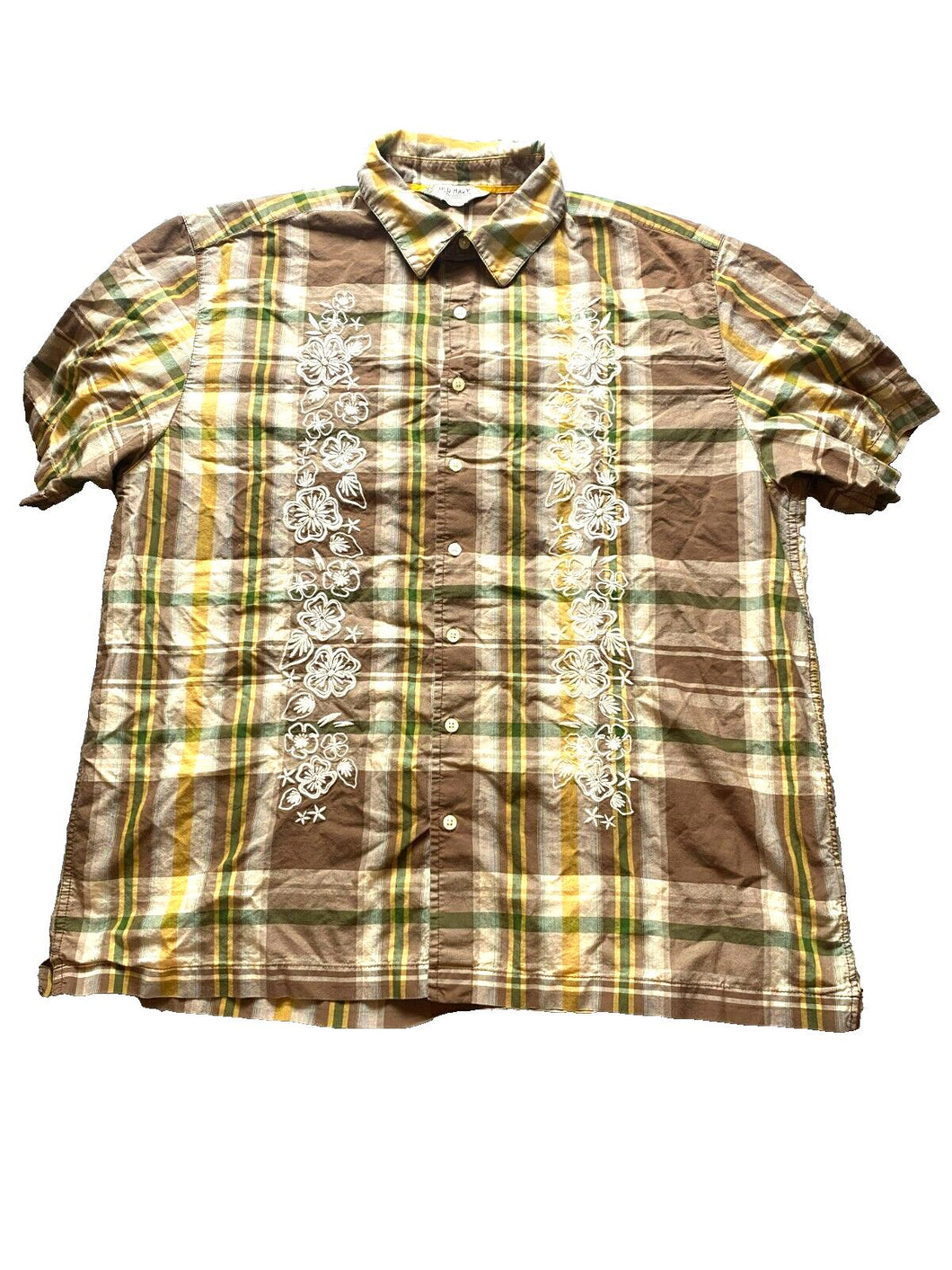 VTG Old Navy Shirt Adult Extra Large Brown Plaid Embroidered Floral Hawaiian Men