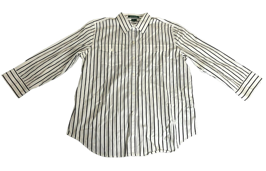 Lauren Ralph Lauren Shirt Womens Large White Black Stripes Button Up Collared