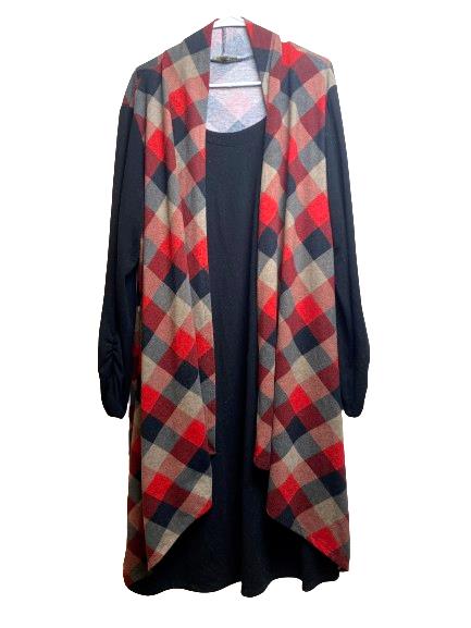 Haani Dress Womens 3X Plus Black Red Gray Plaid Lagenlook Cardigan Rayon Spandex
