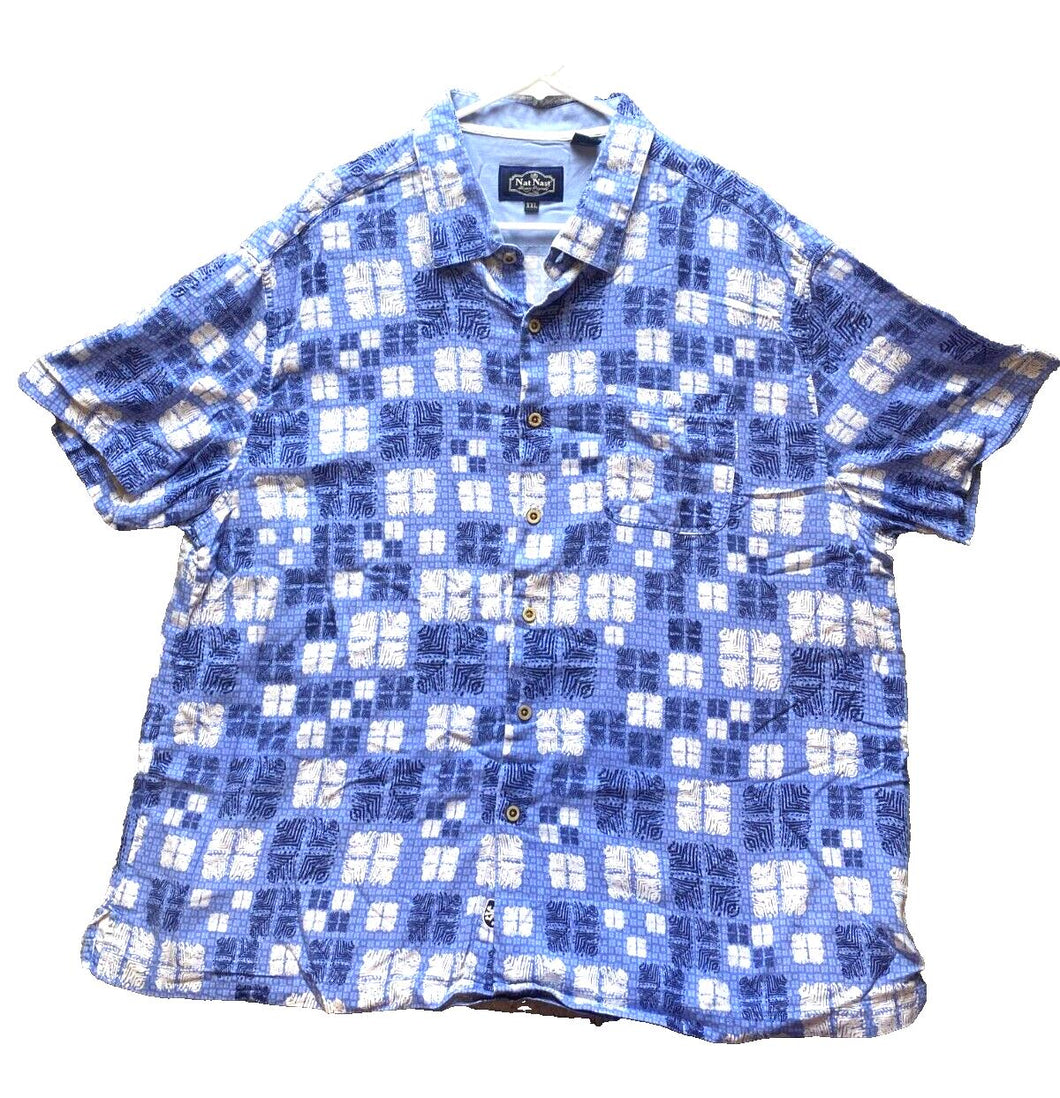 Nat Nast Shirt Adult 2XL XXL Blue Button Up Silk Blend Embroidery Hawaiian Mens