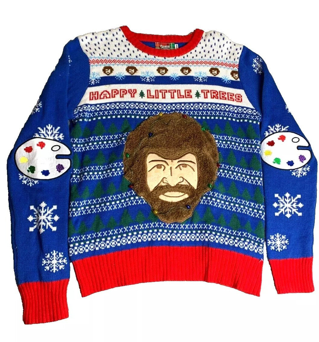 Bob Ross Sweater Adult Medium Blue Lights Up Ugly Christmas Paint Spencers Mens