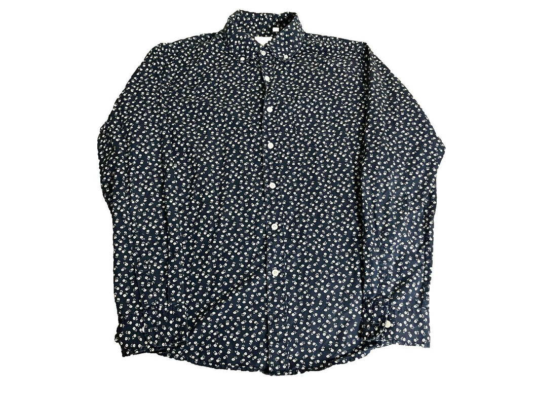 Holton Shirt Adult Medium Navy Blue AOP Flower Button Up Casual Canvas Cloth Men