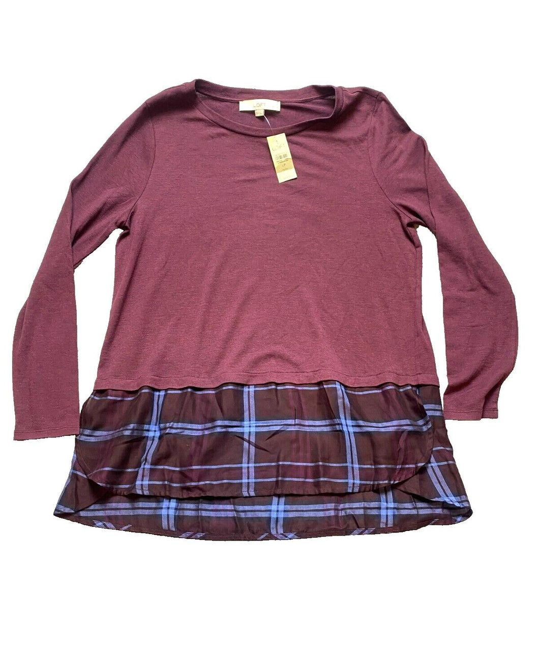 LOFT Sweater Womens Large Petite Burgundy Flounce Plaid Tunic Rayon Nylon NWT